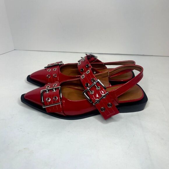 Lunhonk Studded Buckle Red Patent Leather Slingback Flat Sandals Womens - Picture 4 of 11